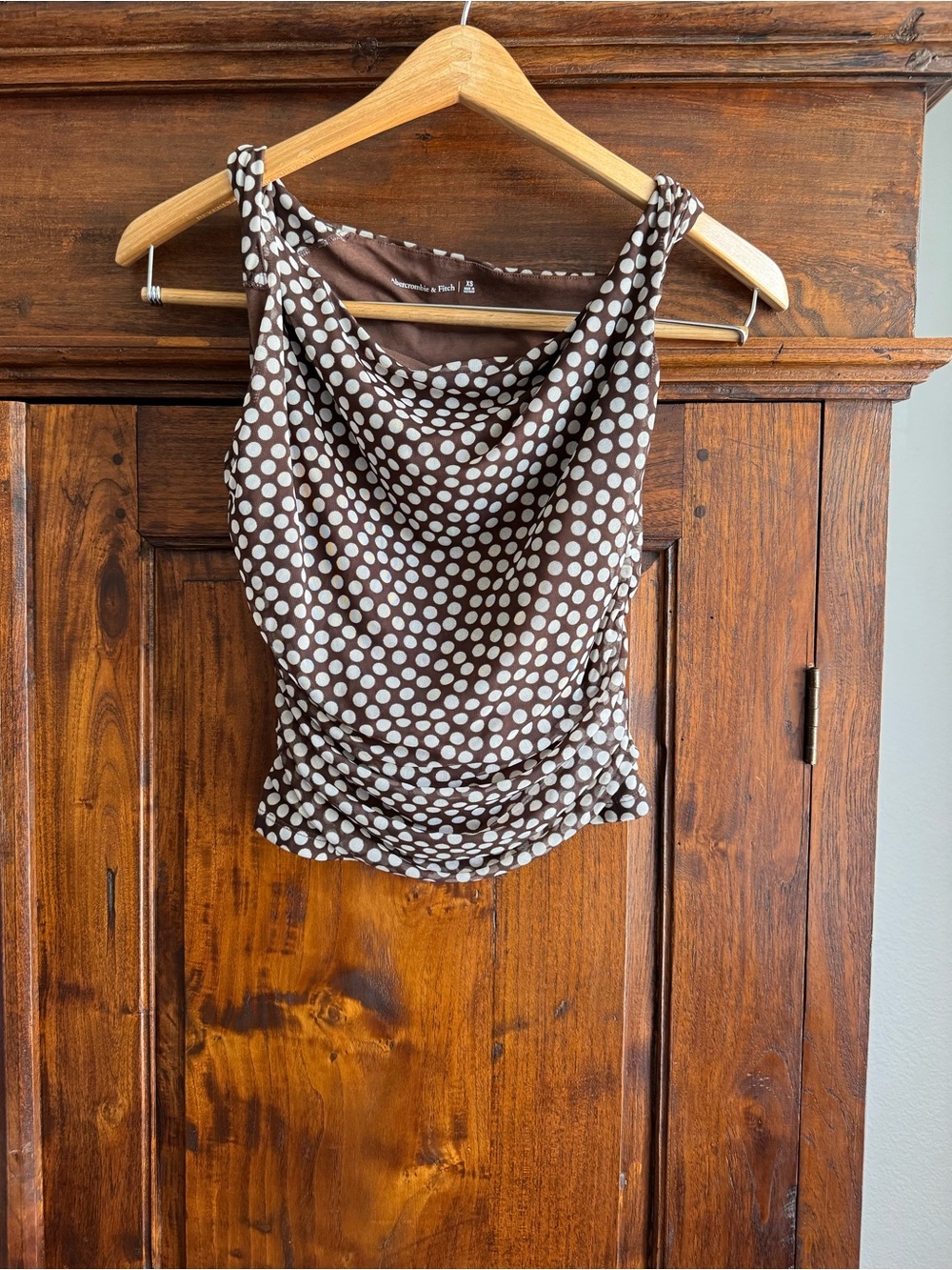 Abercrombie & Fitch asymmetric ruched mesh top in brown polka dot